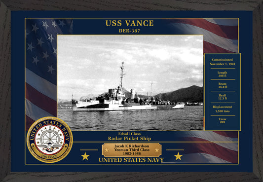 USS Vance DER-387 Framed Patriotic Photo