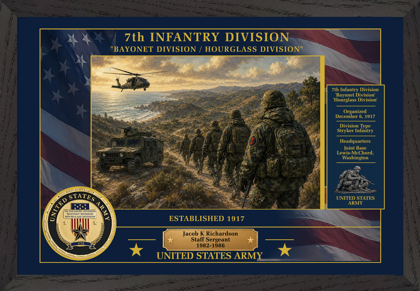 7TH INFANTRY DIVISION FRAMED PATRIOTIC ARMY ART - 9011