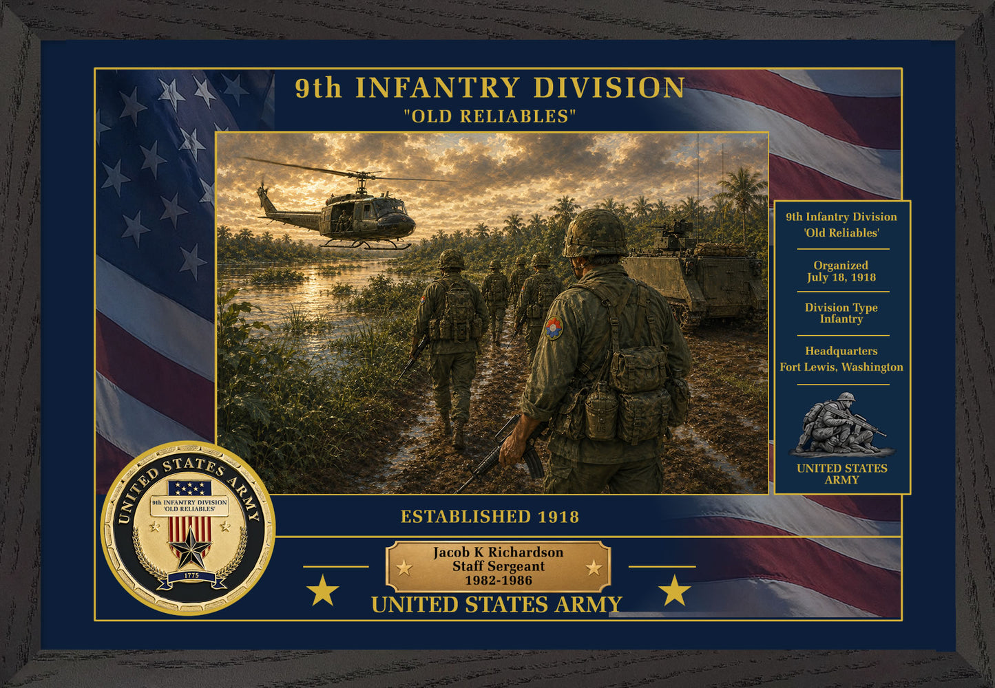 9TH INFANTRY DIVISION FRAMED PATRIOTIC ARMY ART - 9013