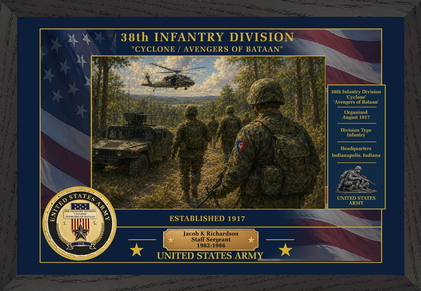 38TH INFANTRY DIVISION FRAMED PATRIOTIC ARMY ART - 9025