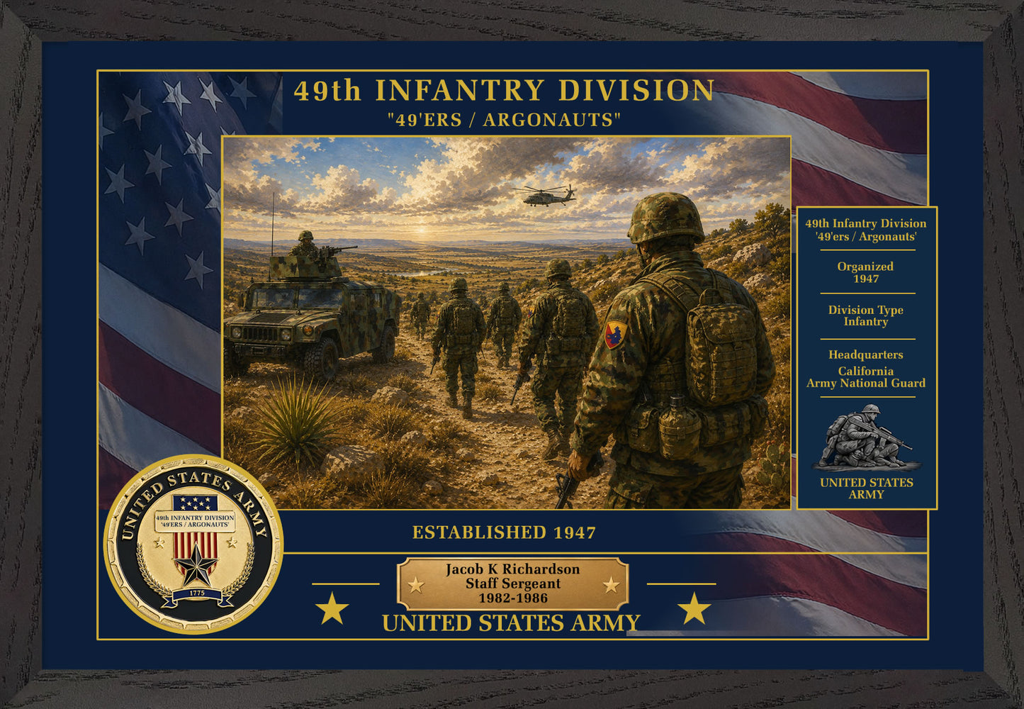 49TH INFANTRY DIVISION FRAMED PATRIOTIC ARMY ART - 9032