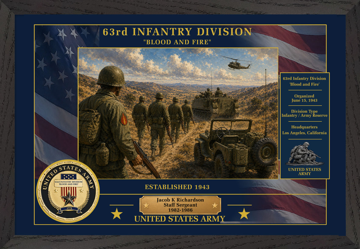 63D INFANTRY DIVISION FRAMED PATRIOTIC ARMY ART - 9034