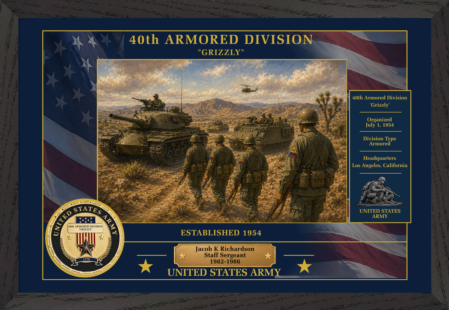 40TH ARMORED DIVISION FRAMED PATRIOTIC ARMY ART - 9046