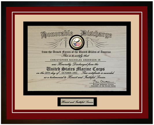 United States Marine Corps (USMC) Engraved Honorable Discharge Certificate