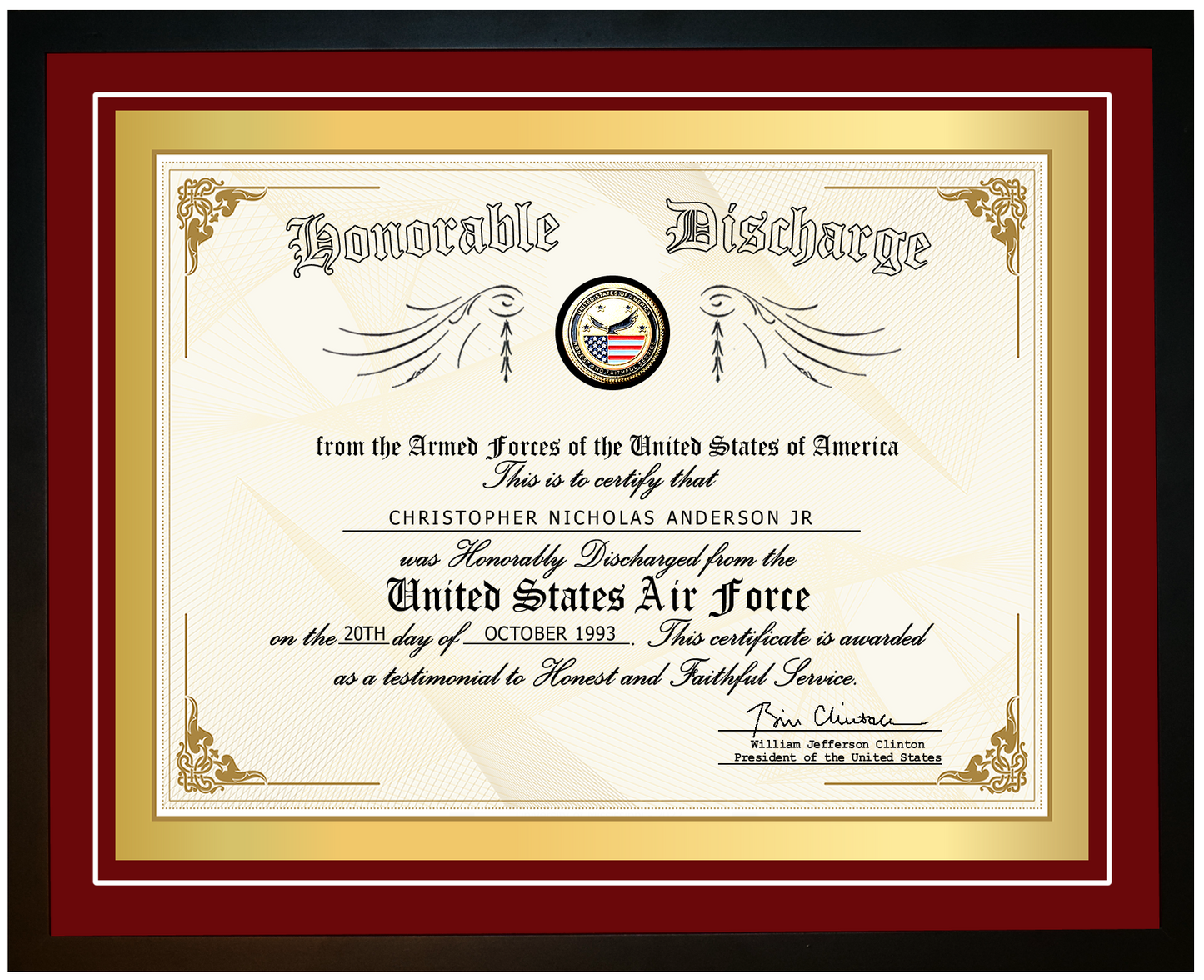 United States Air Force (USAF) Honorable Discharge Certificate on Canvas