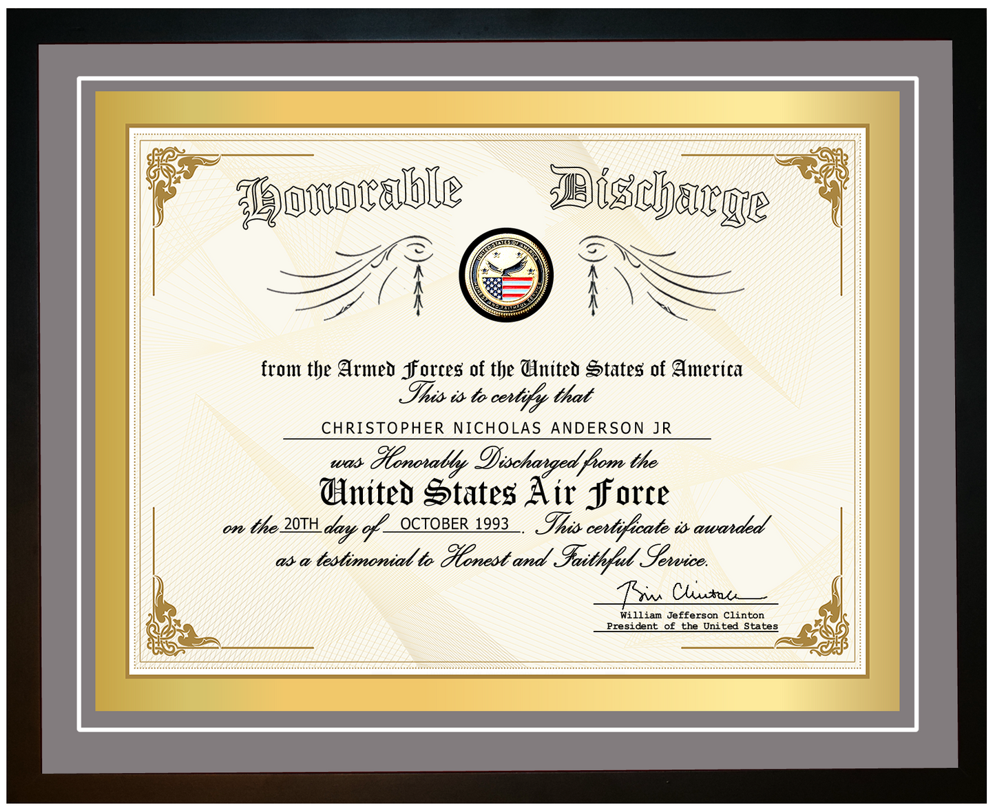 United States Air Force (USAF) Honorable Discharge Certificate on Canvas