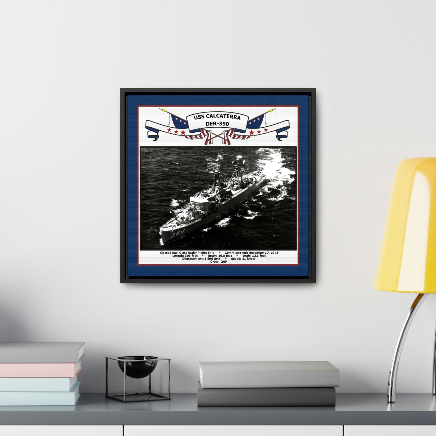 USS Calcaterra DER-390 Navy Floating Frame Photo Desk View