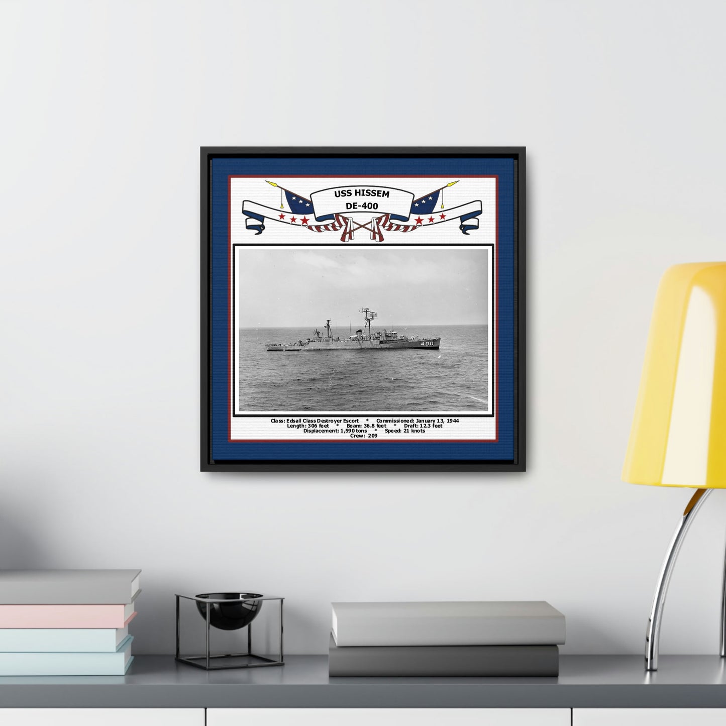 USS Hissem DE-400 Navy Floating Frame Photo Desk View