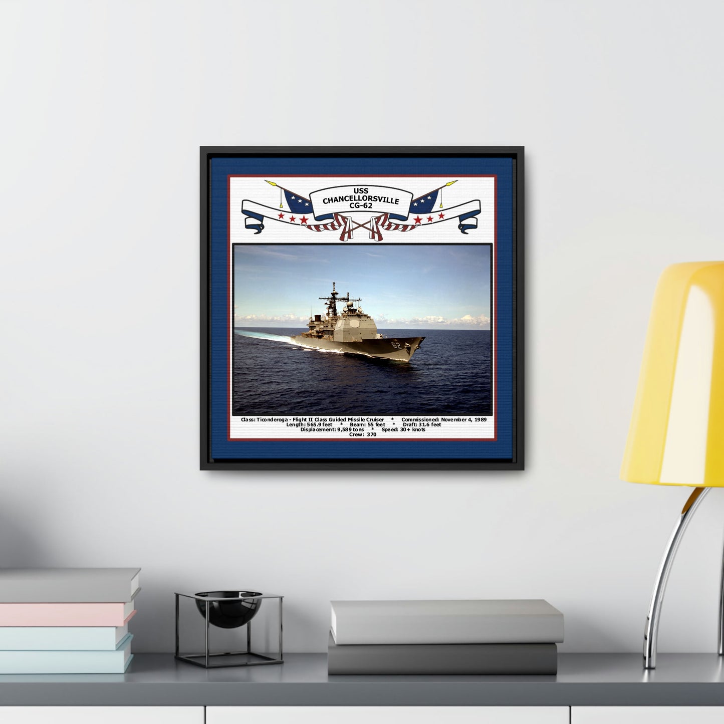 USS Chancellorsville CG-62 Navy Floating Frame Photo Desk View