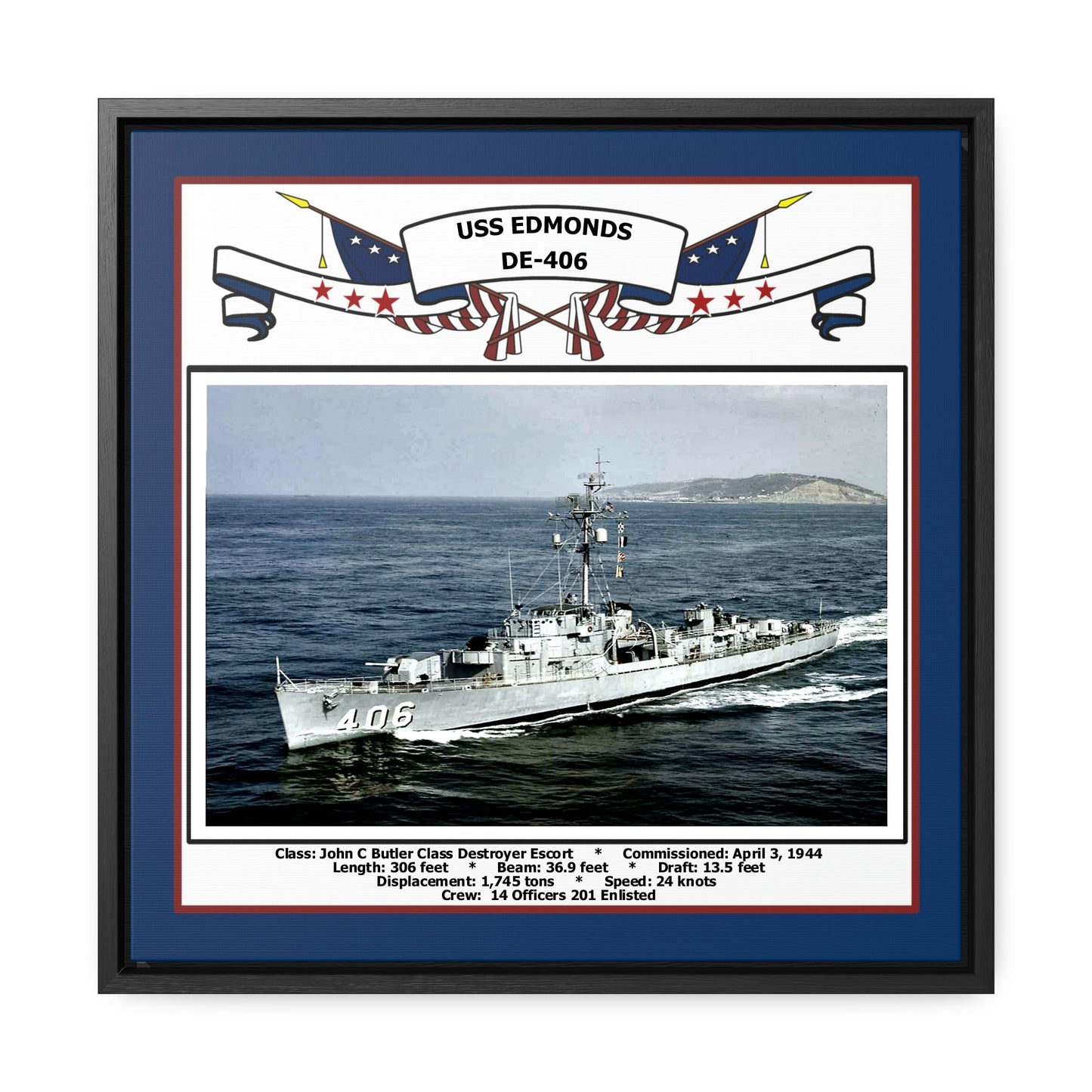 USS Edmonds DE-406 Navy Floating Frame Photo Front View