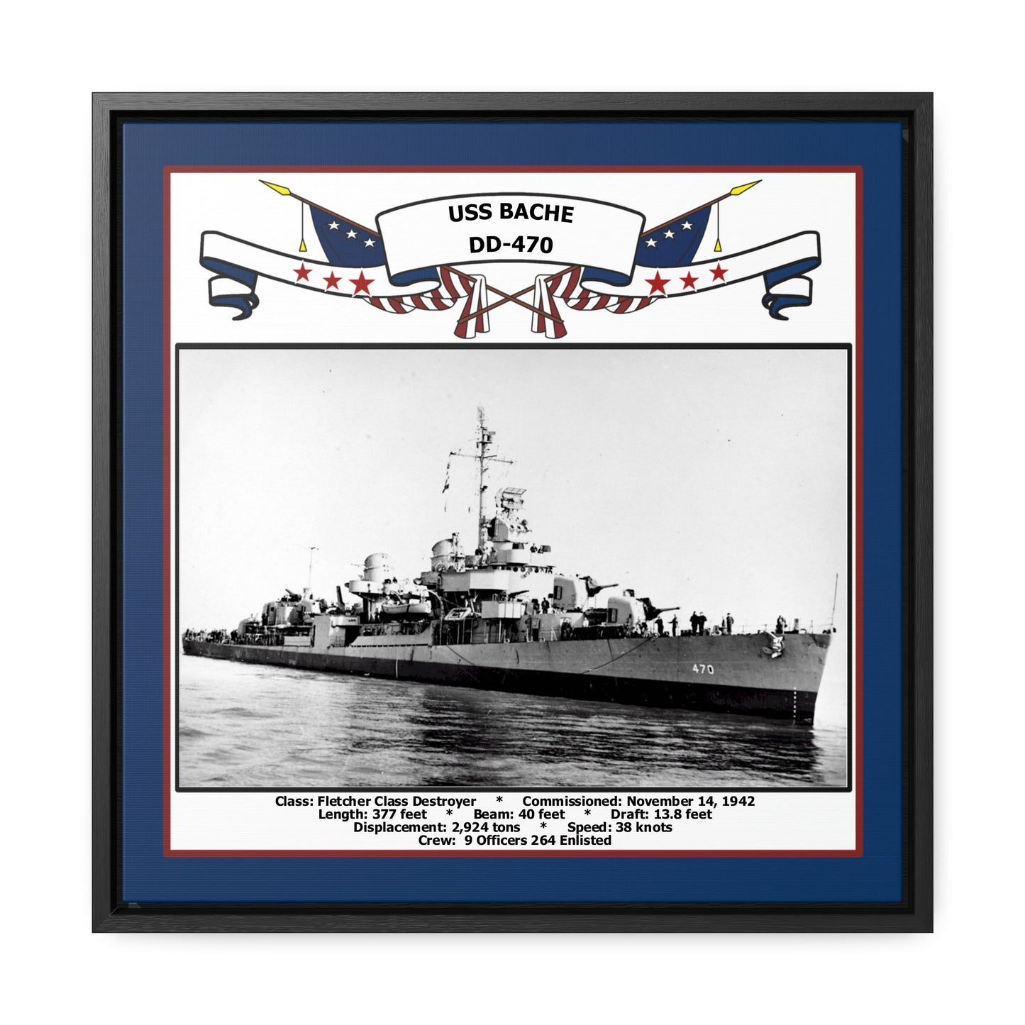 USS Bache DD-470 Navy Floating Frame Photo Front View