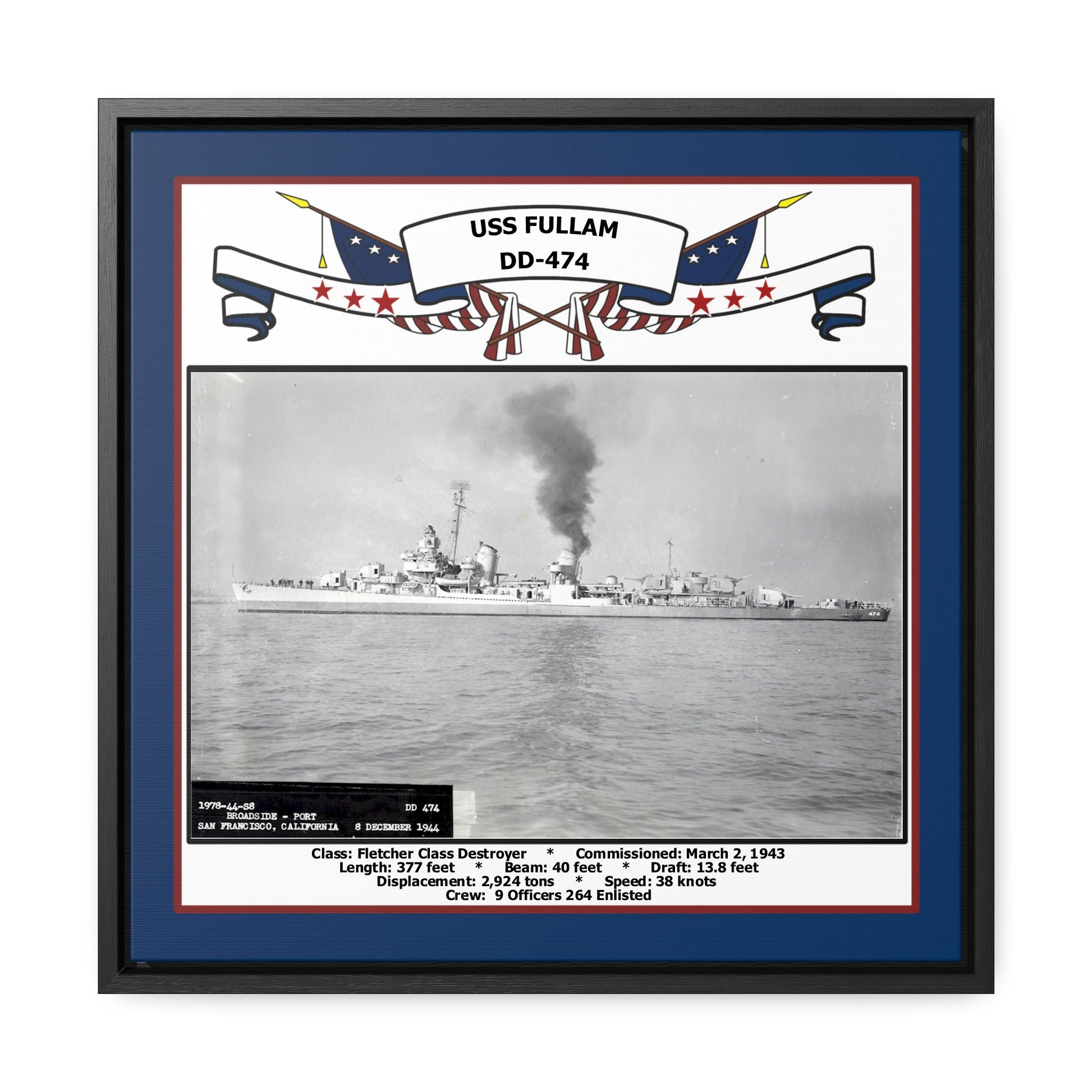 USS Fullam DD-474 Navy Floating Frame Photo Front View