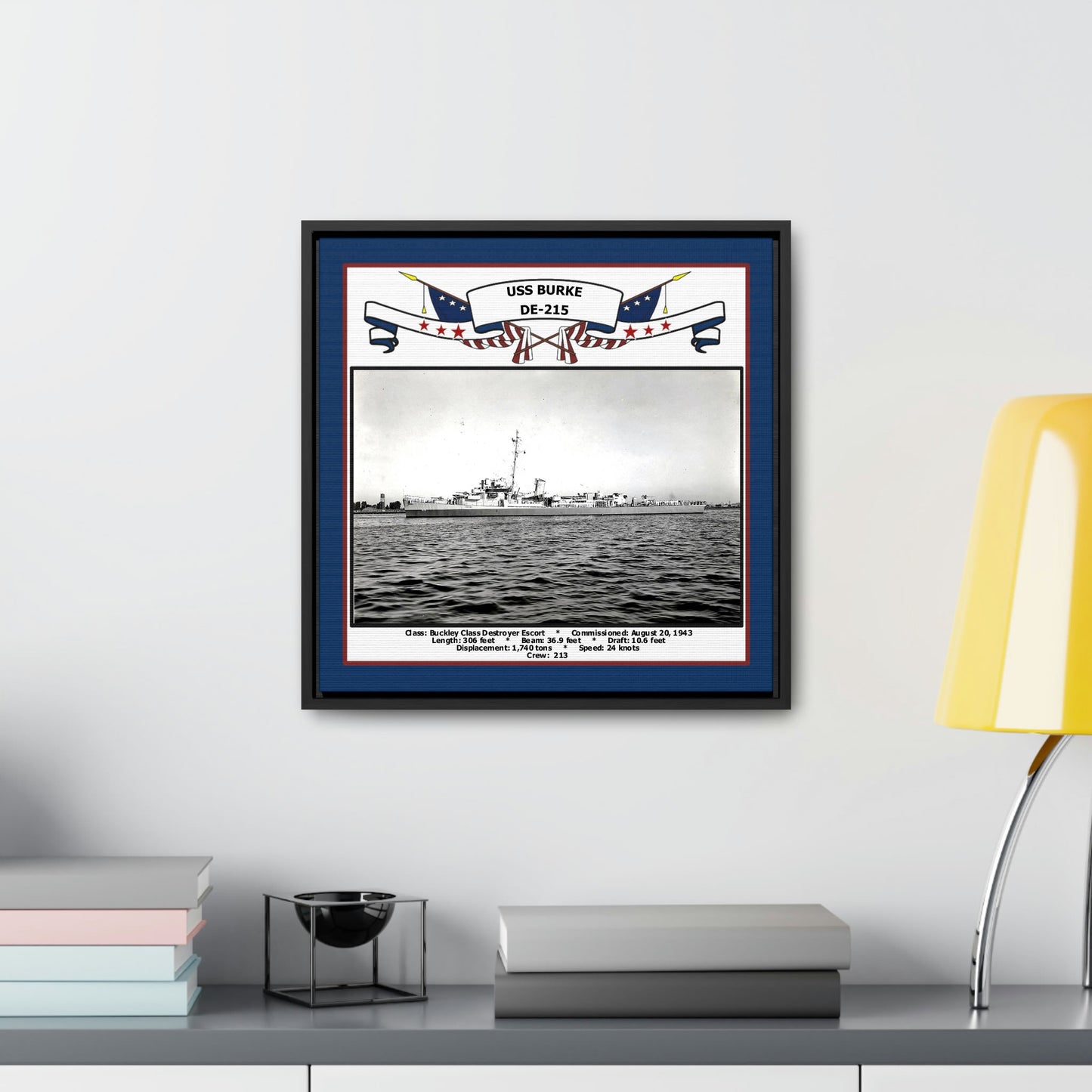 USS Burke DE-215 Navy Floating Frame Photo Desk View