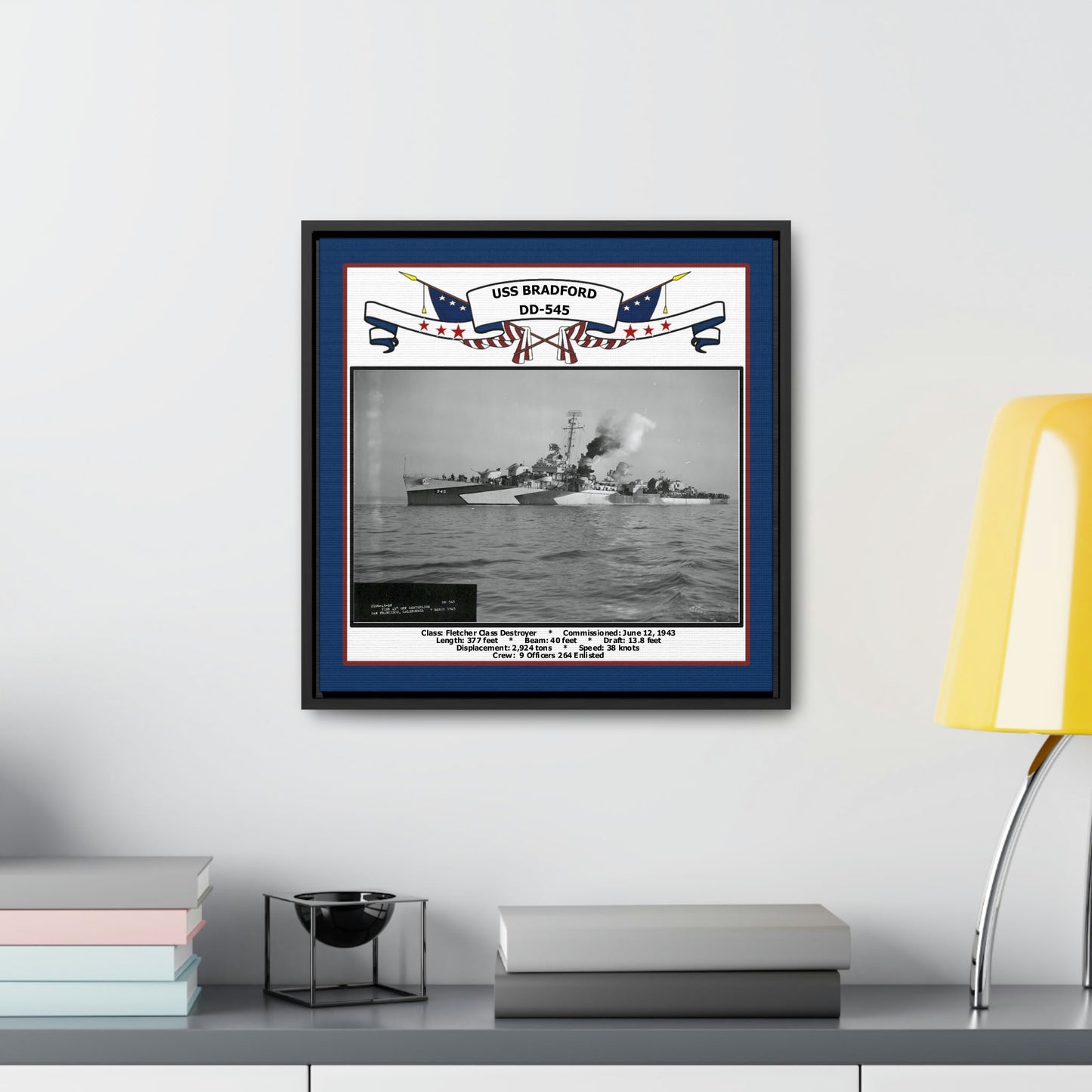 USS Bradford DD-545 Navy Floating Frame Photo Desk View