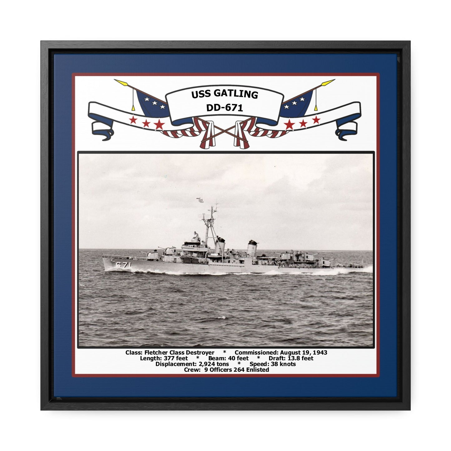 USS Gatling DD-671 Navy Floating Frame Photo Front View