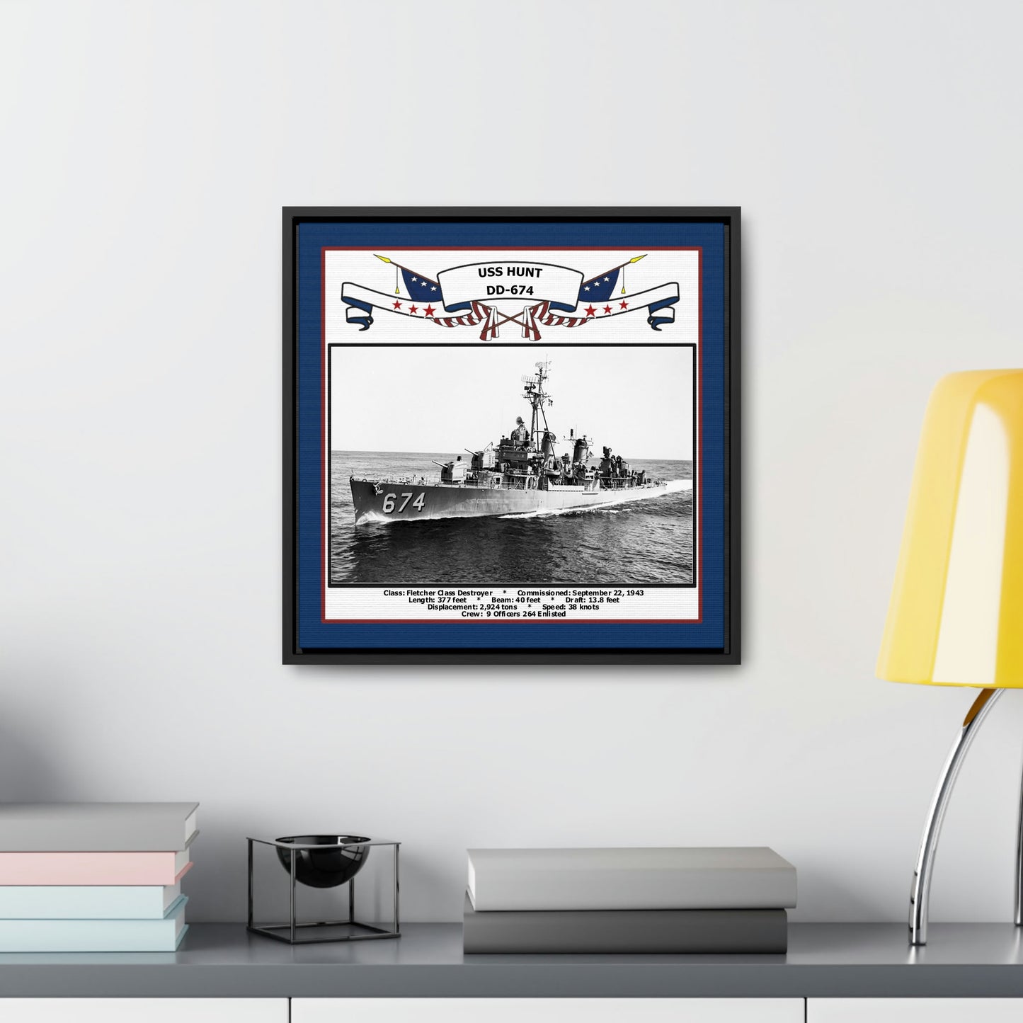 USS Hunt DD-674 Navy Floating Frame Photo Desk View