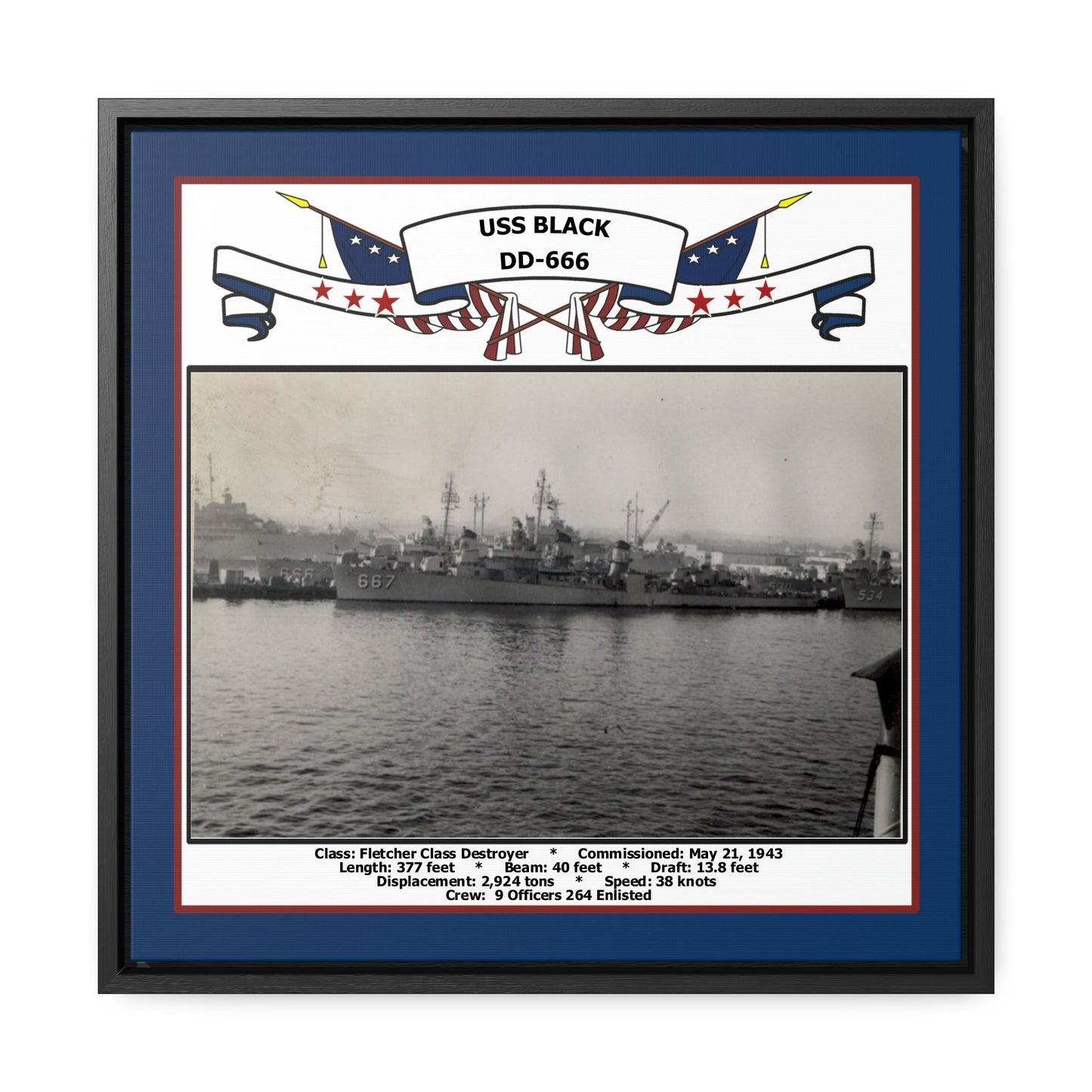USS Black DD-666 Navy Floating Frame Photo Front View