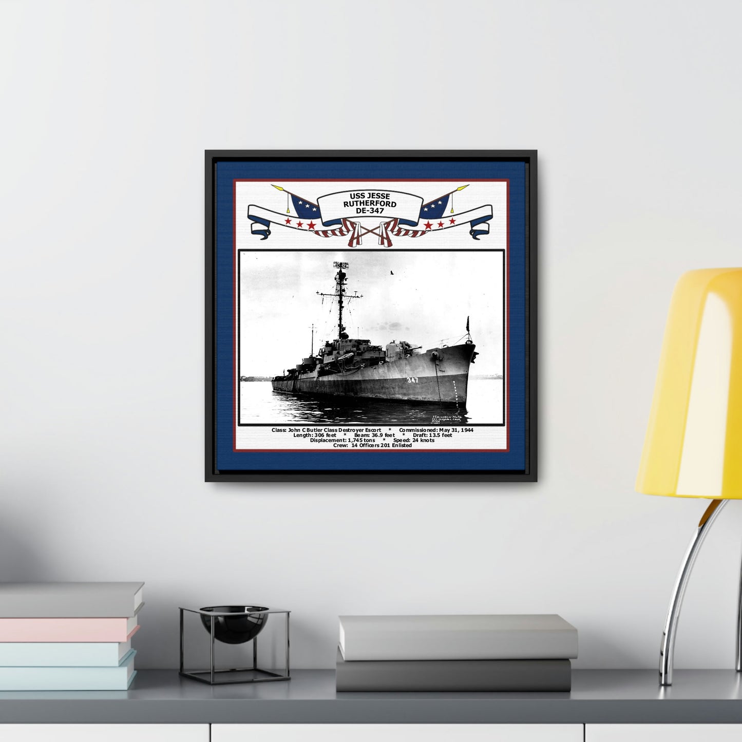 USS Jesse Rutherford DE-347 Navy Floating Frame Photo Desk View