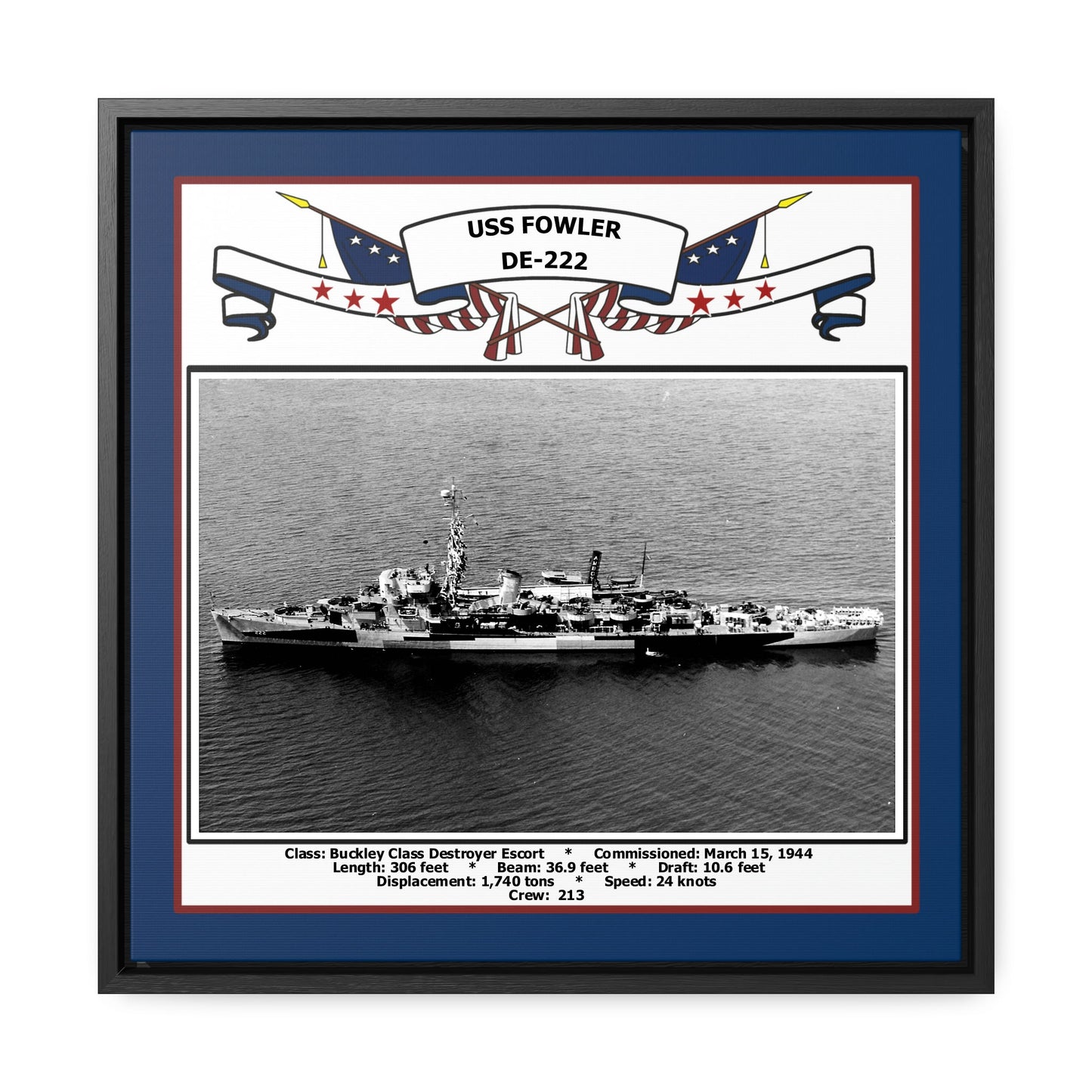USS Fowler DE-222 Navy Floating Frame Photo Front View