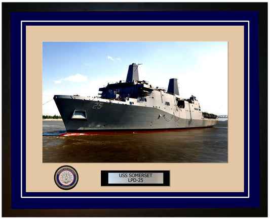 USS Somerset LPD-25 Framed Navy Ship Photo Blue
