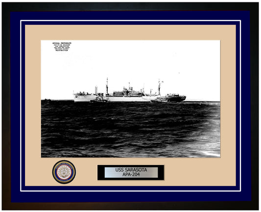 USS Sarasota APA-204 Framed Navy Ship Photo Blue