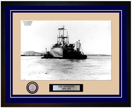 USS Sarasota APA-204 Framed Navy Ship Photo Blue