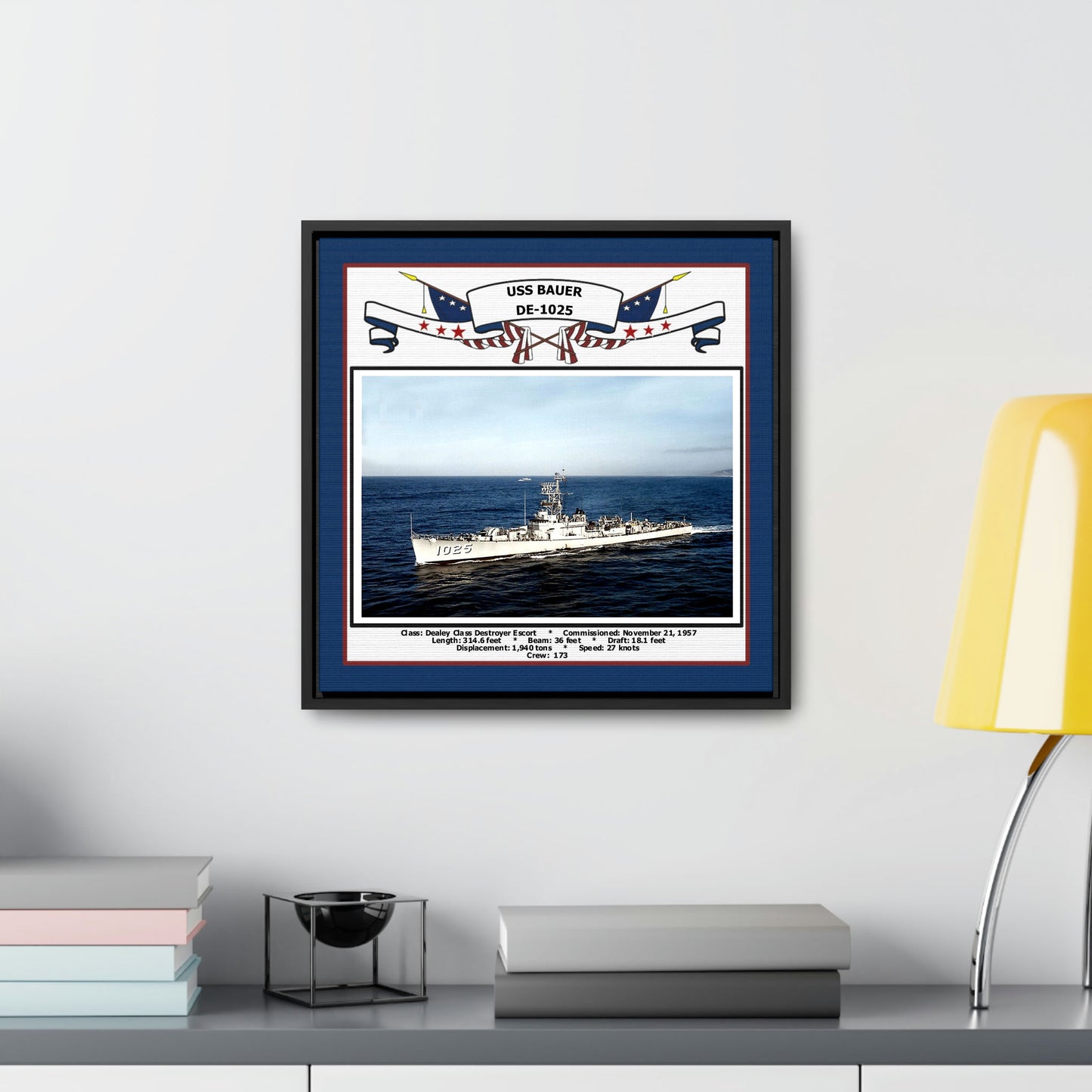 USS Bauer DE-1025 Navy Floating Frame Photo Desk View