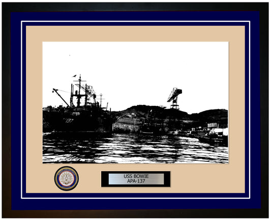 USS Bowie APA-137 Framed Navy Ship Photo Blue