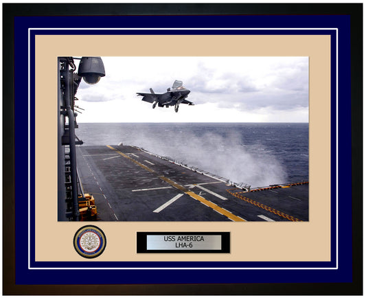 USS America LHA-6 Framed Navy Ship Photo Blue
