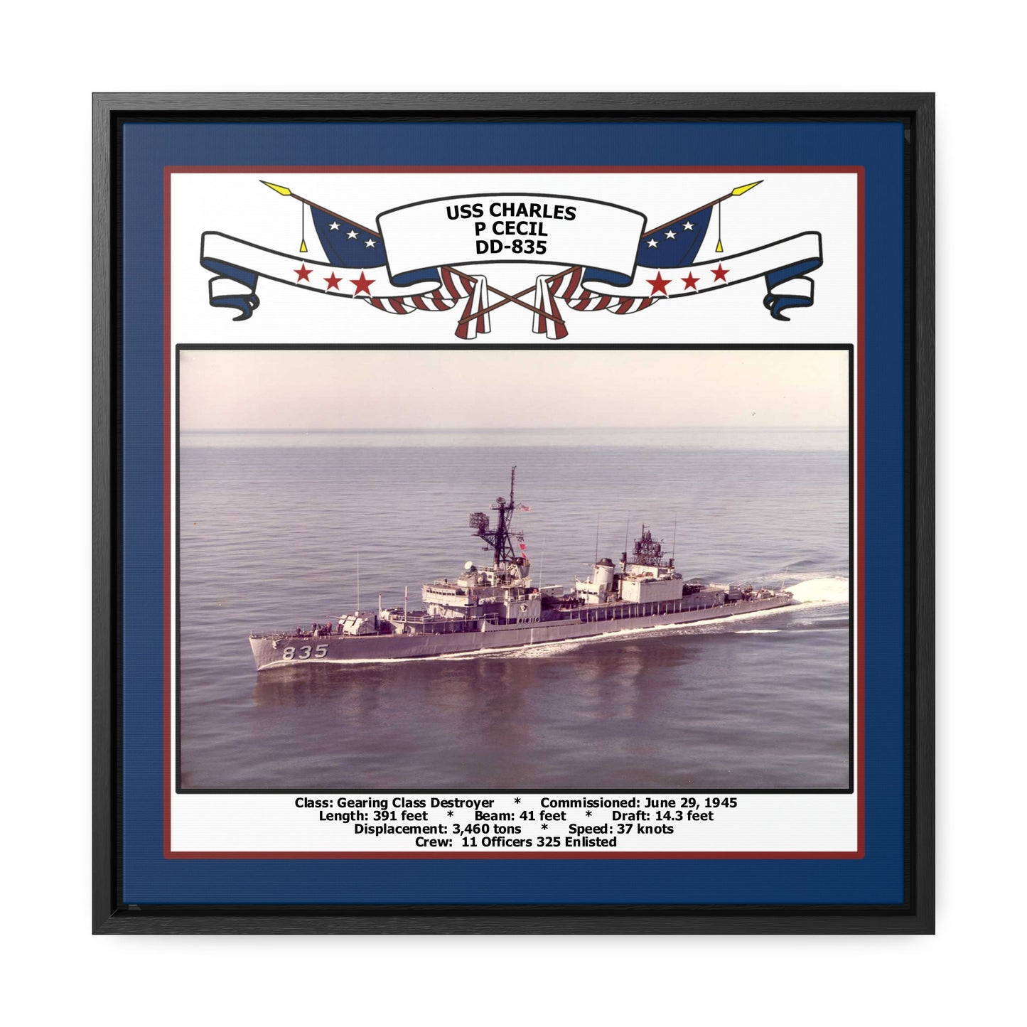 USS Charles P Cecil DD-835 Navy Floating Frame Photo Front View
