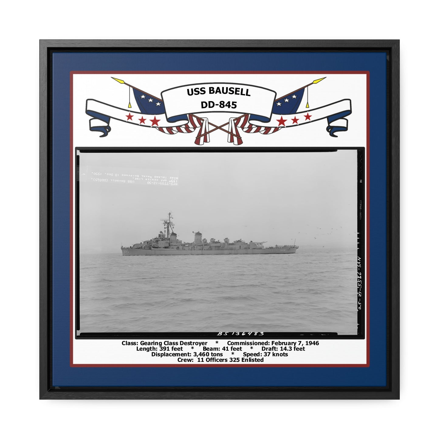 USS Bausell DD-845 Navy Floating Frame Photo Front View