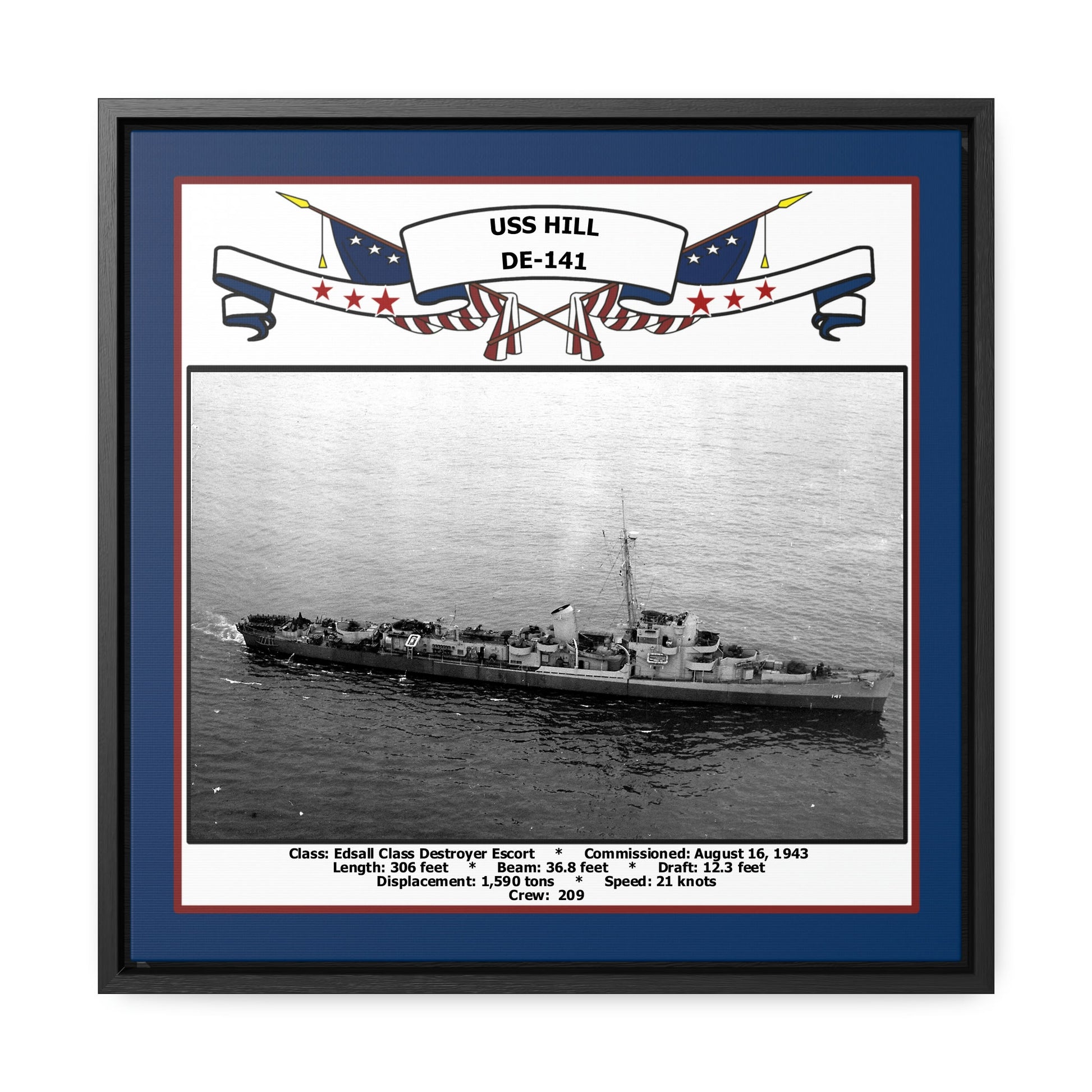 USS Hill DE-141 Navy Floating Frame Photo Front View
