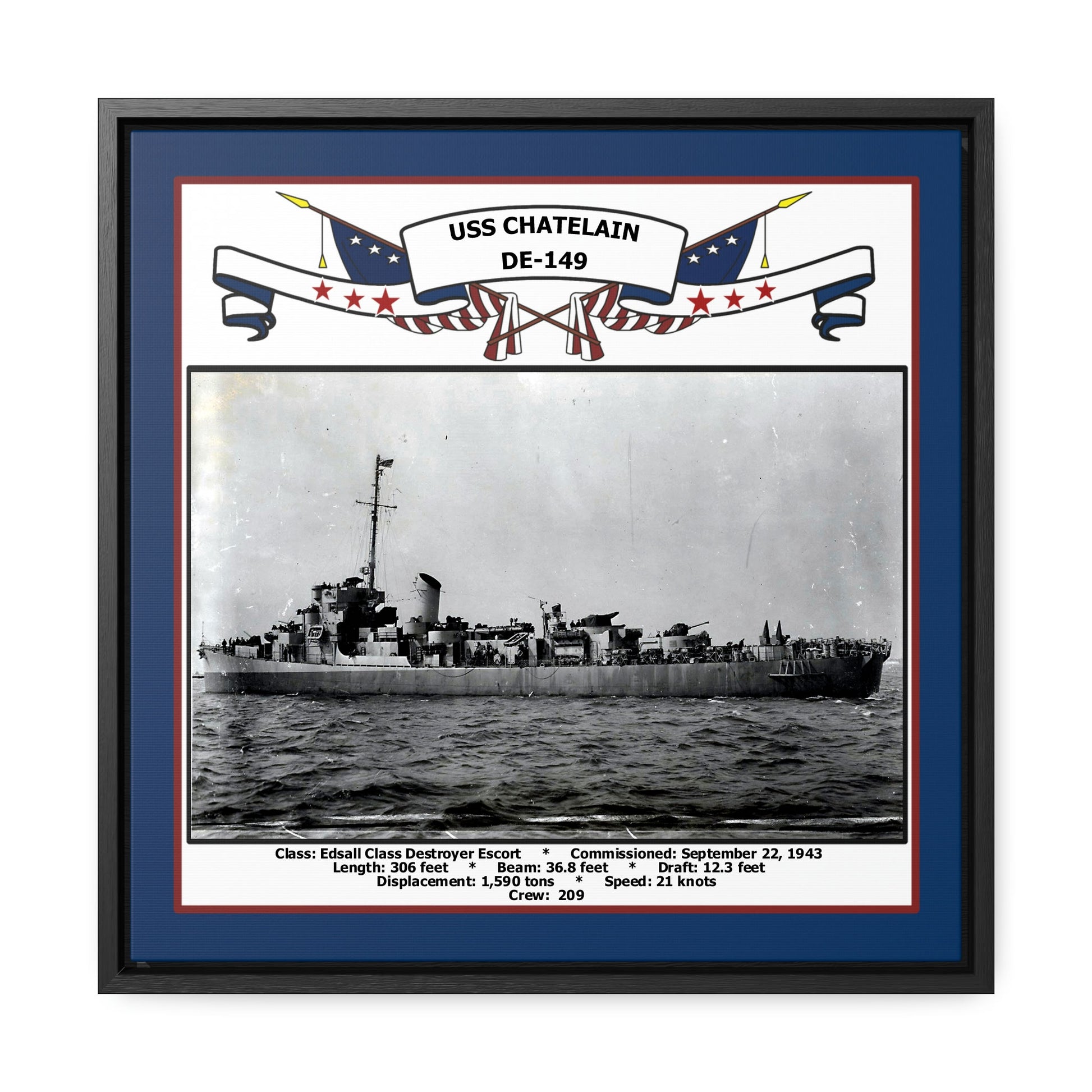 USS Chatelain DE-149 Navy Floating Frame Photo Front View