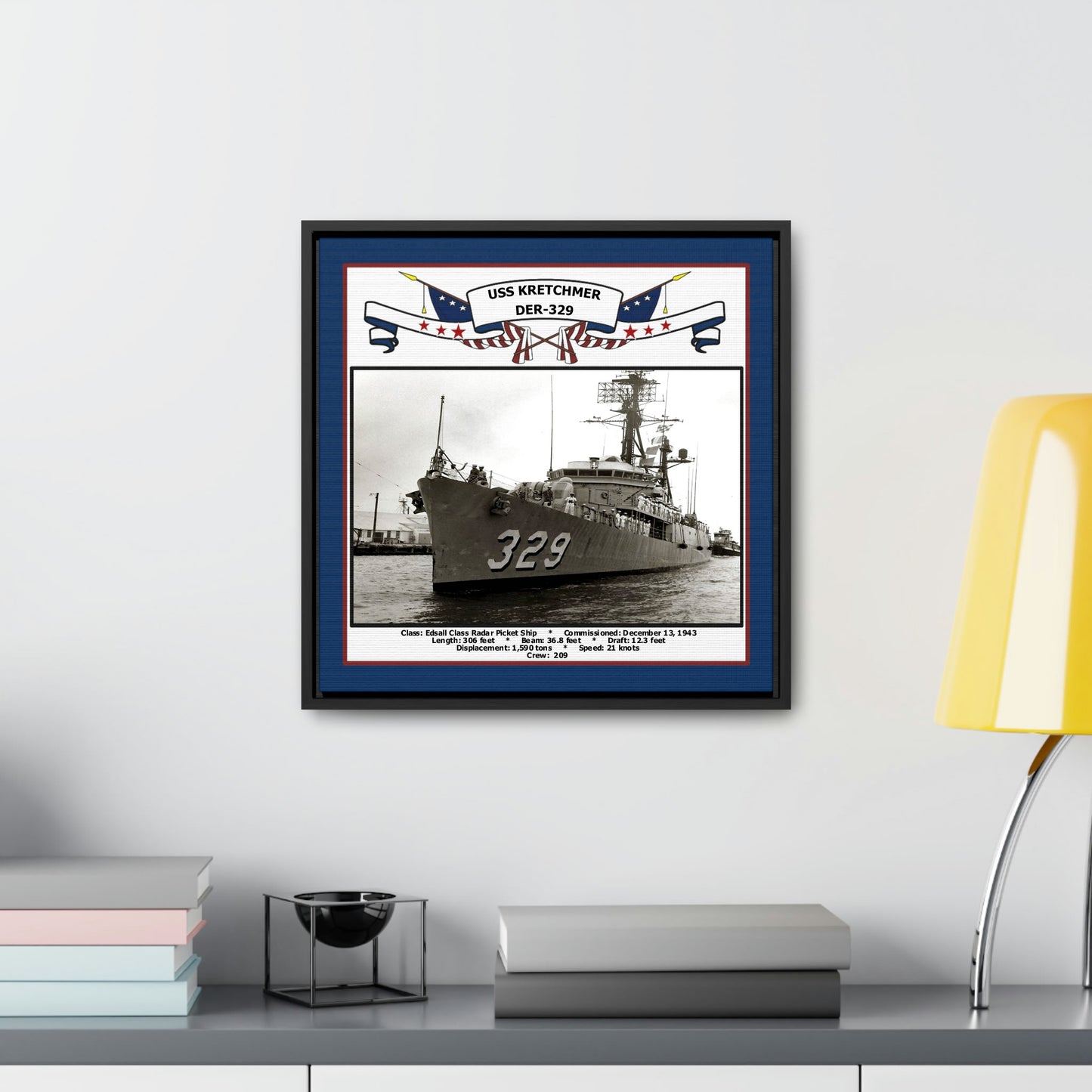 USS Kretchmer DER-329 Navy Floating Frame Photo Desk View