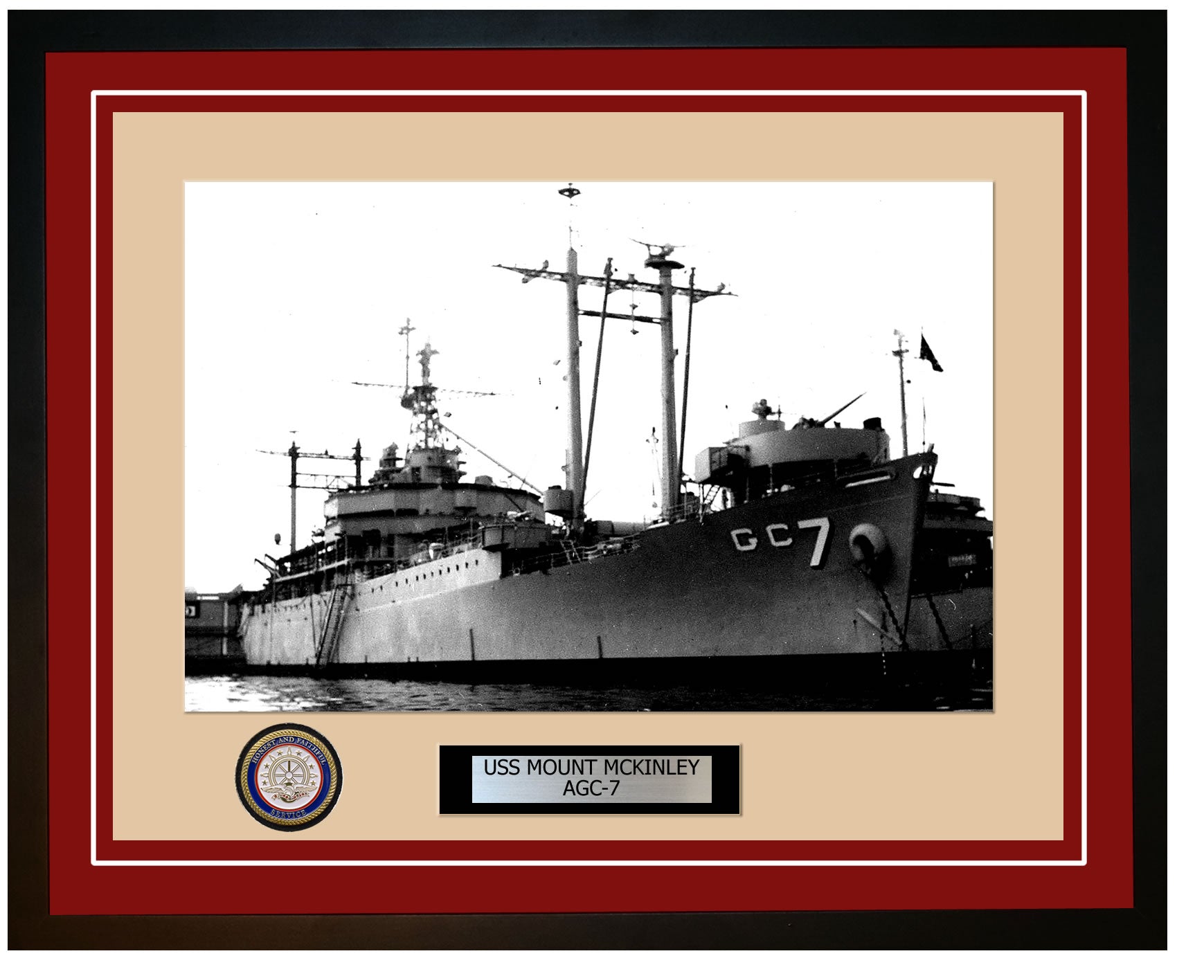【16】米国海軍 USS MOUNT MCKINLEY AGC-7 木製プラーク USS Mount McKinley AGC-7 Framed Navy Ship Photo Burgundy – Navy