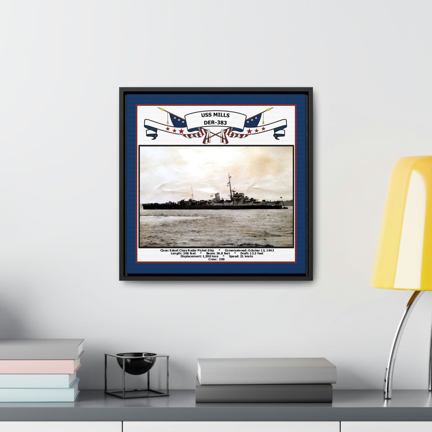 USS Mills DER-383 Navy Floating Frame Photo Desk View