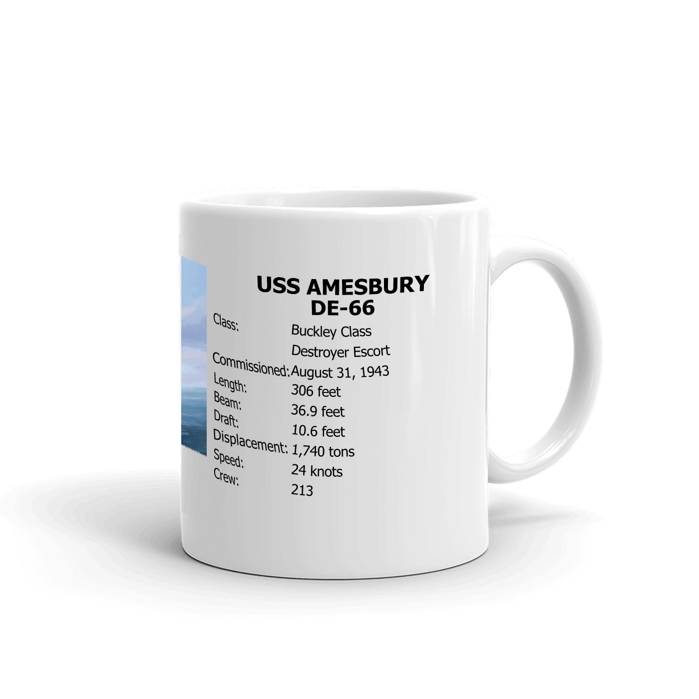 USS Amesbury DE-66 Coffee Cup Mug Right Handle