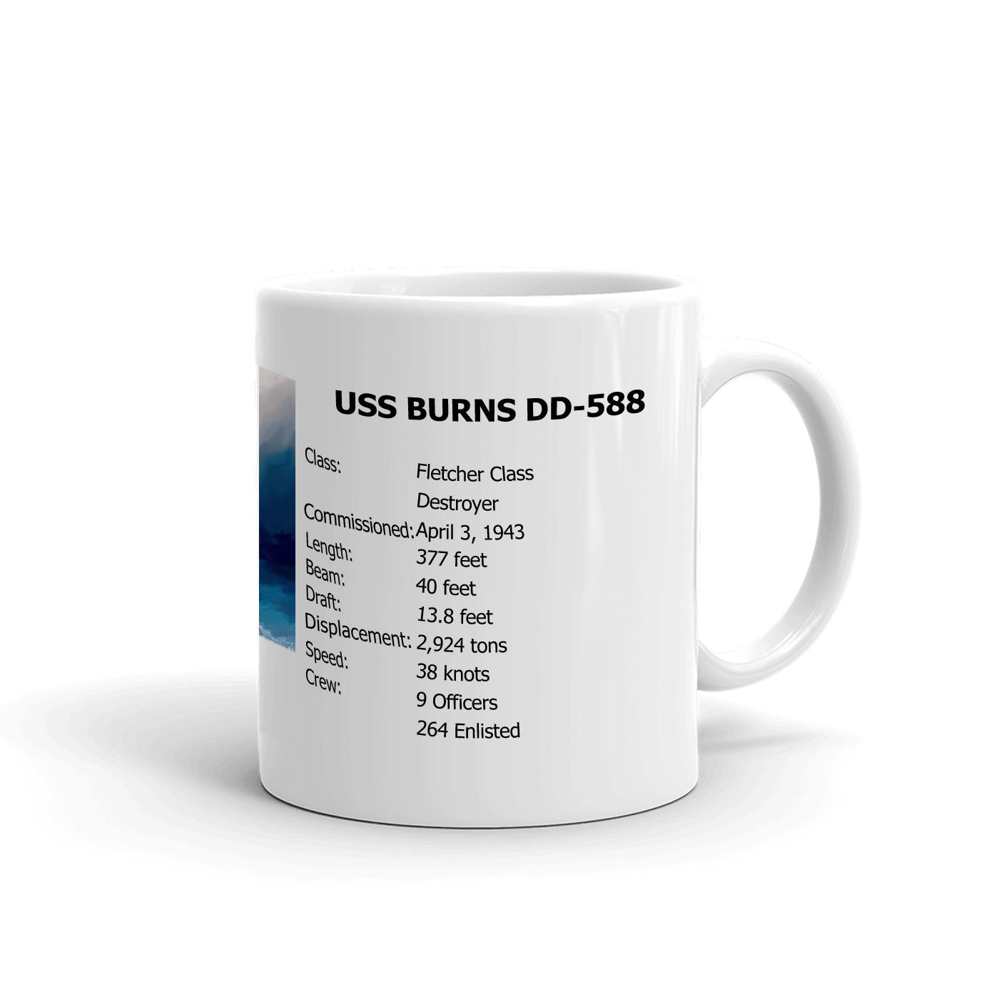 USS Burns DD-588 Coffee Cup Mug Right Handle