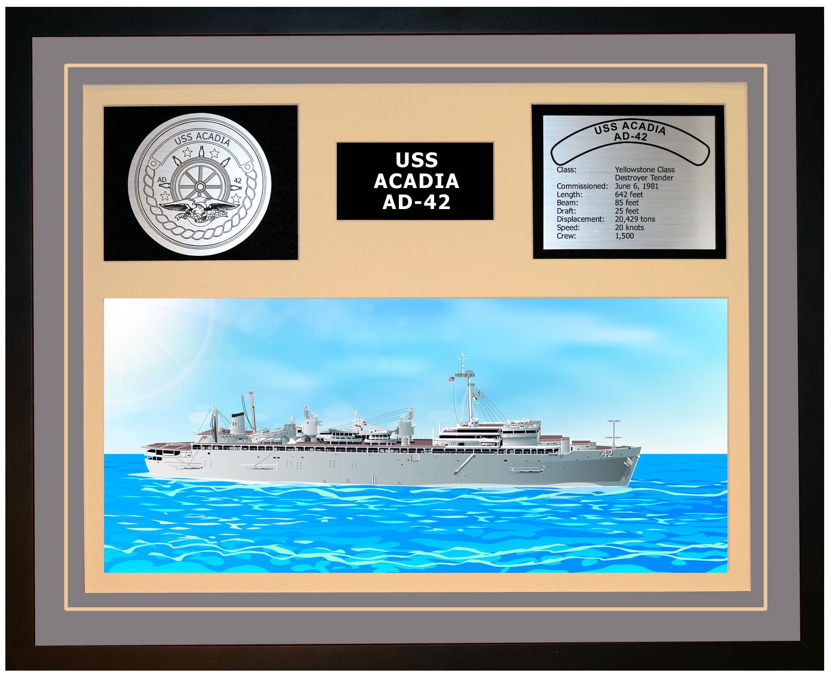 USS ACADIA AD-42 Framed Navy Ship Display Grey