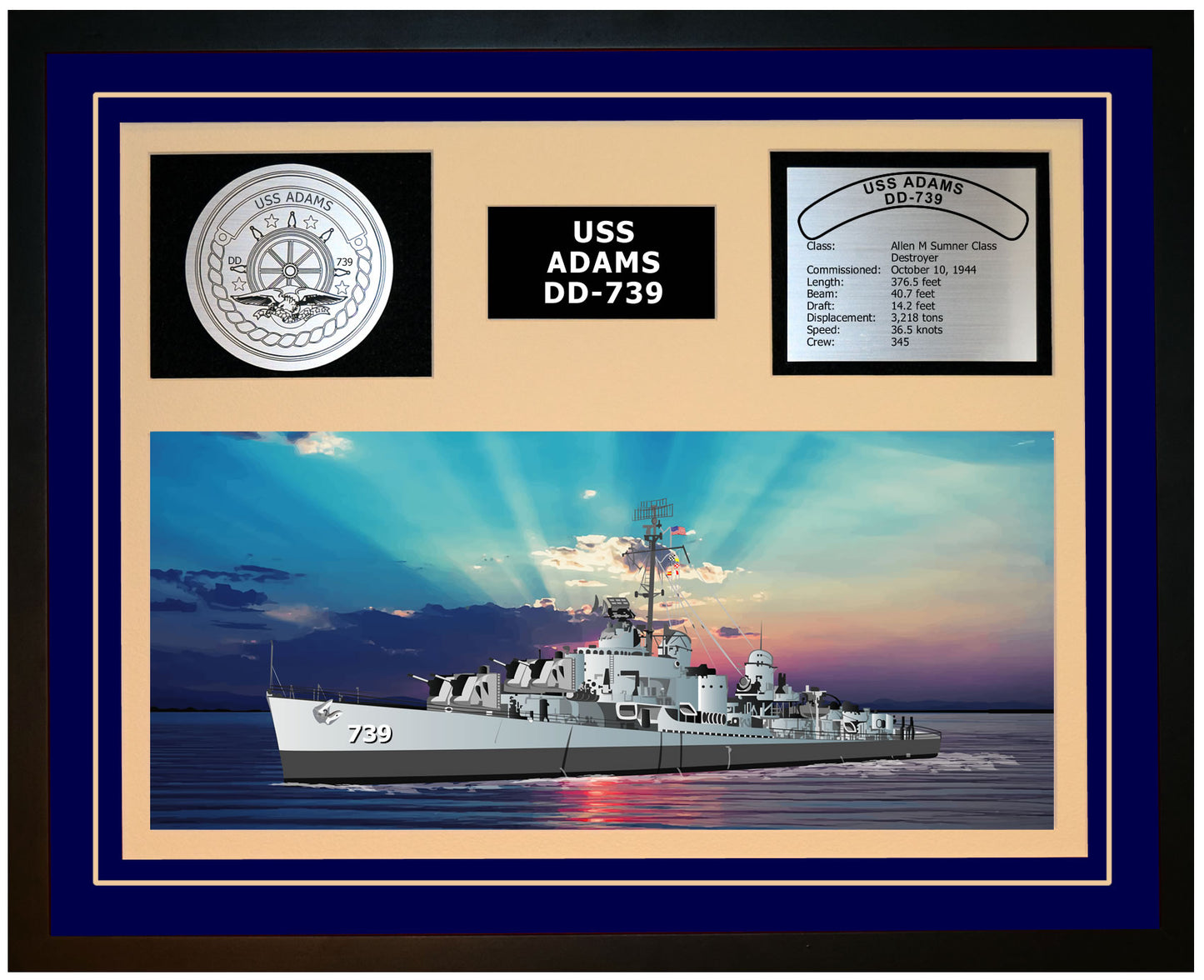 USS ADAMS DD-739 Framed Navy Ship Display Blue
