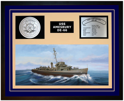USS AMESBURY DE-66 Framed Navy Ship Display Blue
