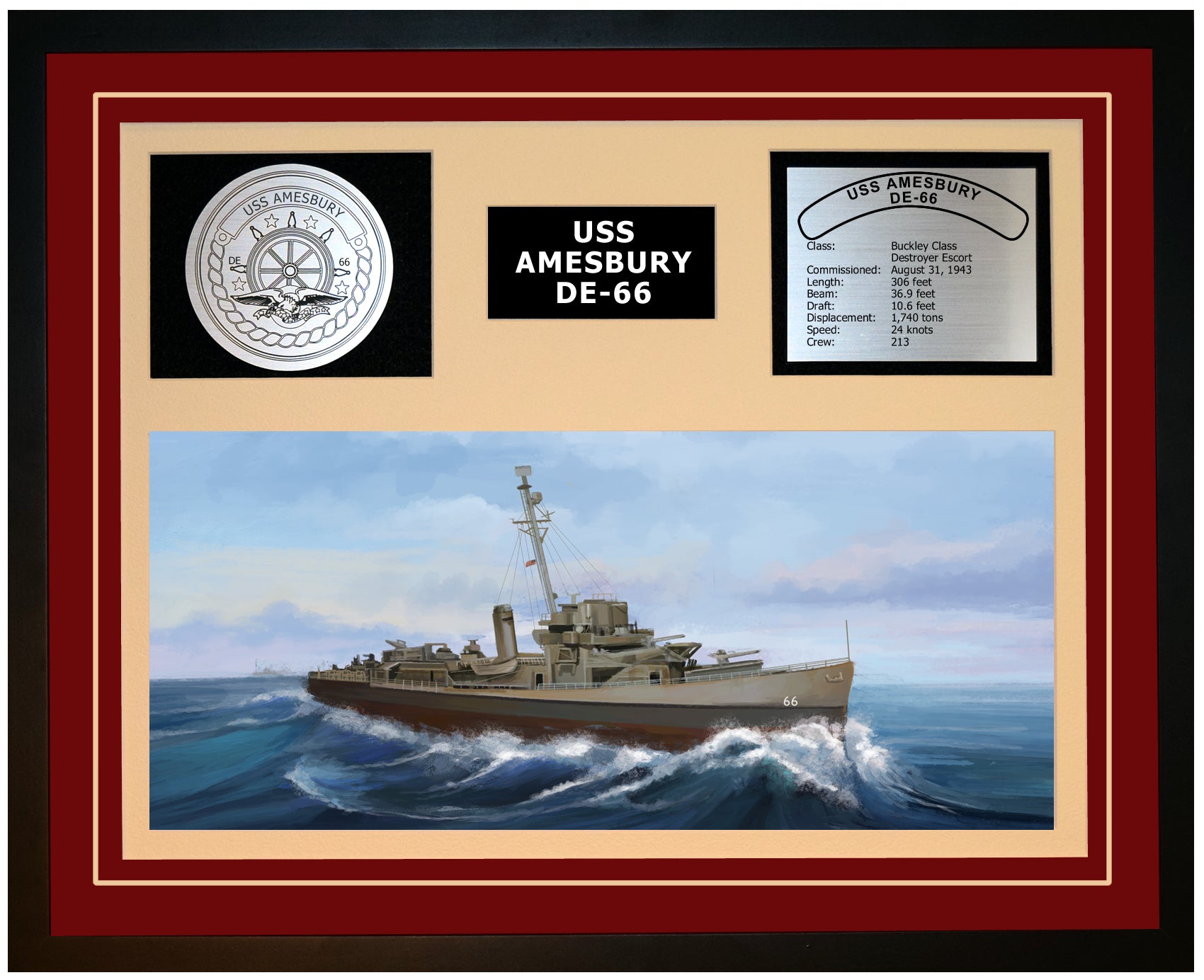 USS AMESBURY DE-66 Framed Navy Ship Display Burgundy