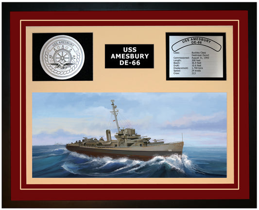 USS AMESBURY DE-66 Framed Navy Ship Display Burgundy