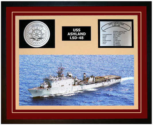 USS ASHLAND LSD-48 Framed Navy Ship Display Burgundy
