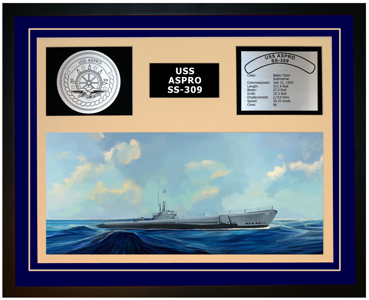 USS ASPRO SS-309 Framed Navy Ship Display Blue