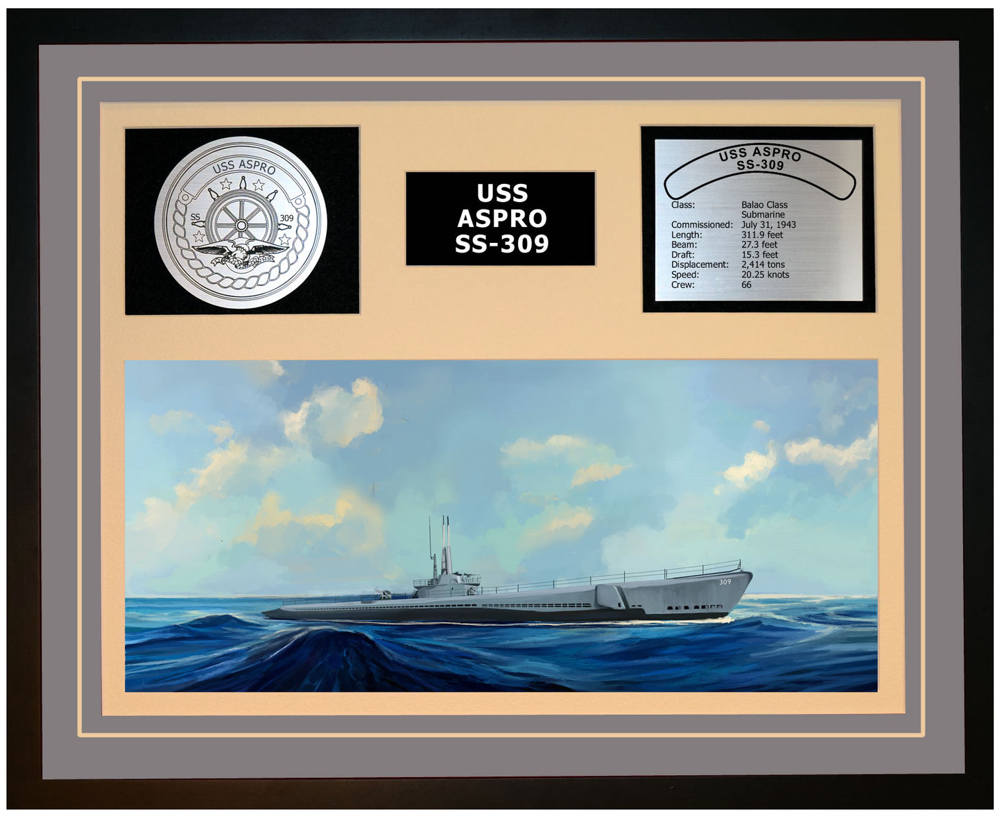 USS ASPRO SS-309 Framed Navy Ship Display Grey