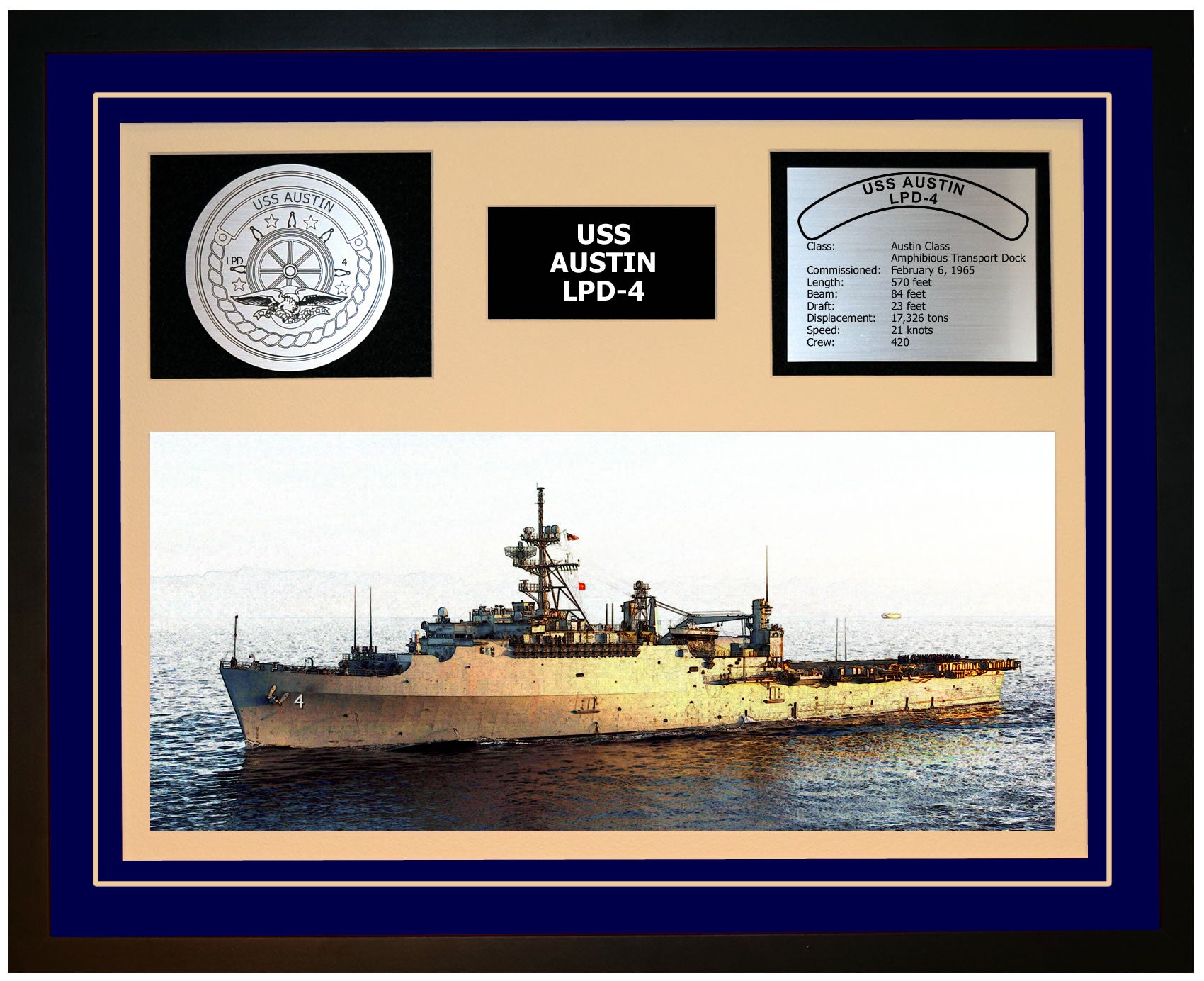 USS AUSTIN LPD-4 Framed Navy Ship Display Blue