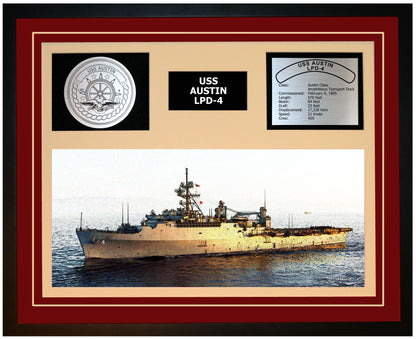 USS AUSTIN LPD-4 Framed Navy Ship Display Burgundy