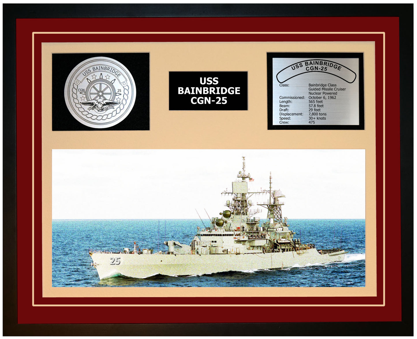 USS BAINBRIDGE CGN-25 Framed Navy Ship Display Burgundy
