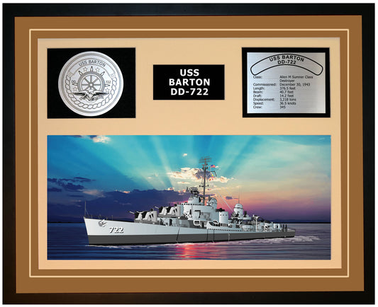 USS BARTON DD-722 Framed Navy Ship Display Brown